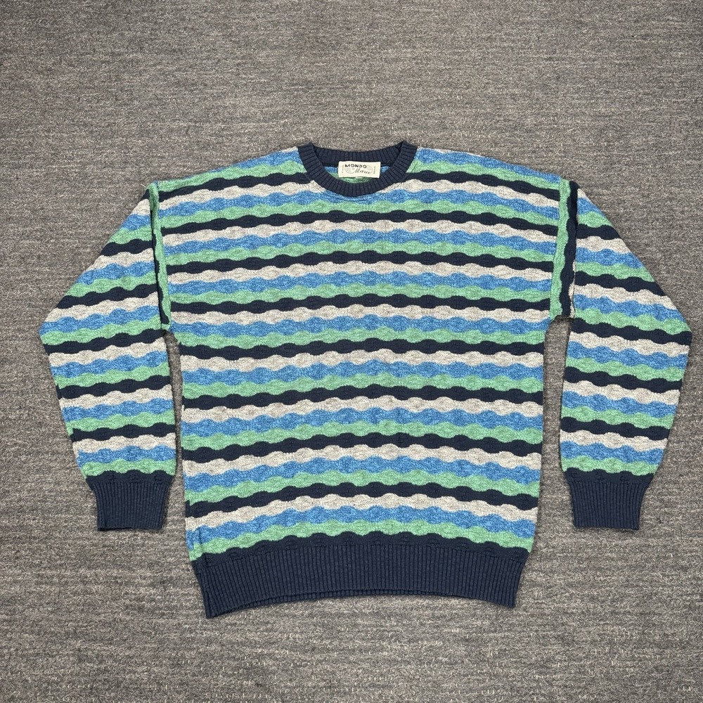 Vintage Mondo di Marco Sweater Men XL Blue Knit Stripe Italy Crewneck 90s Retro
